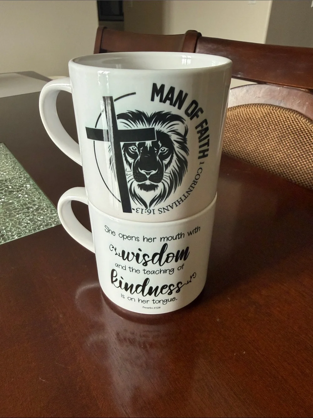 Cricut White Ceramic Mugs with Black Scripture and Lion Designs